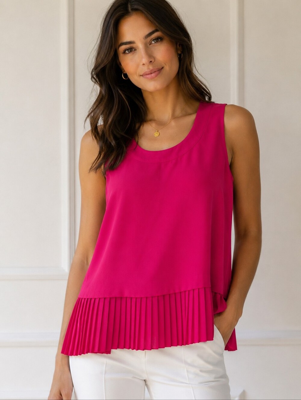 RIANI Fuchsia Pink Sleeveless Pleated Hem Blouse To